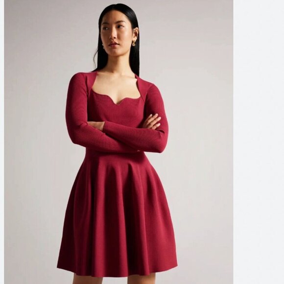 NWT TED BAKER VIENNIA LONG SLEEVE STRETCH KNIT FIT & FLARE DRESS IN DEEP PINK -L - Picture 1 of 16